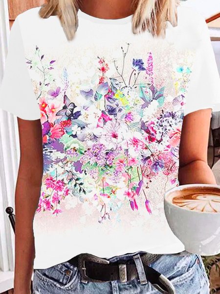

Floral Loosen Cotton Blends Shirts & Tops Graphic T-shirts For Women, White, T-Shirts