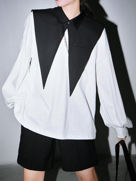 

Navy collar Simple Solid Daily Shirt, White, Tops