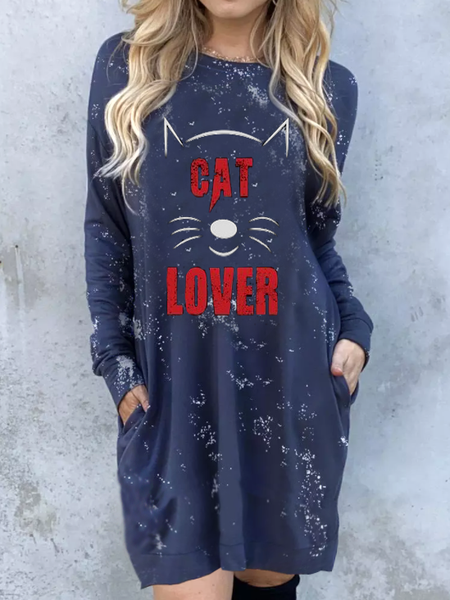 

Horror Life Skull Pocket Cat Bleached Mini Dress-Navy Crew Neck Animal Dresses, Blue, Casual Dresses