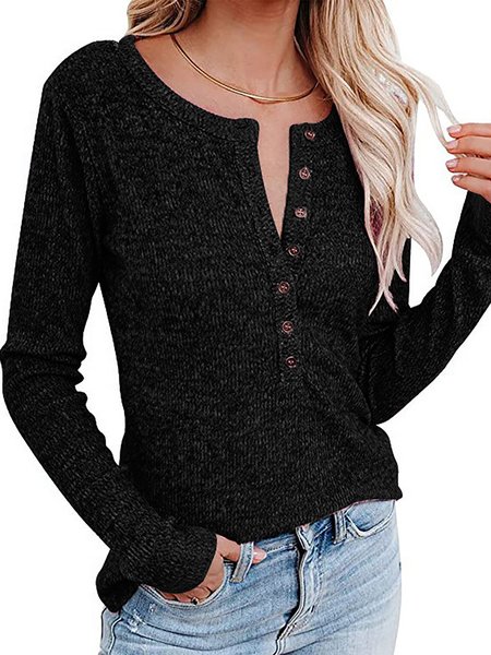 

V Neck Casual Regular Fit Solid Knitted Shirts & Tops, Black, Tops