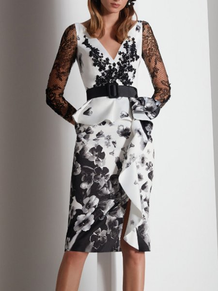 

Elegant Regular Fit V Neck Floral Midi Dress, Black-white, Midi Dresses