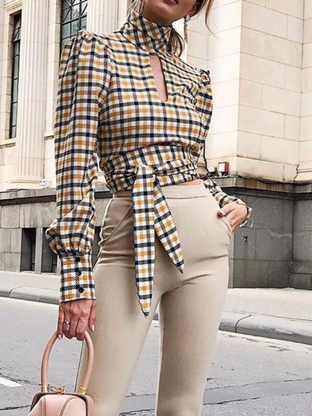 

Spring Stand Collar Elegant Long sleeve Lightweight Daily Tops, Yellow, Tops