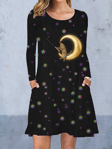 

Star cat print design knitted spring casual comfortable ladies dress, Multicolor, Casual Dresses