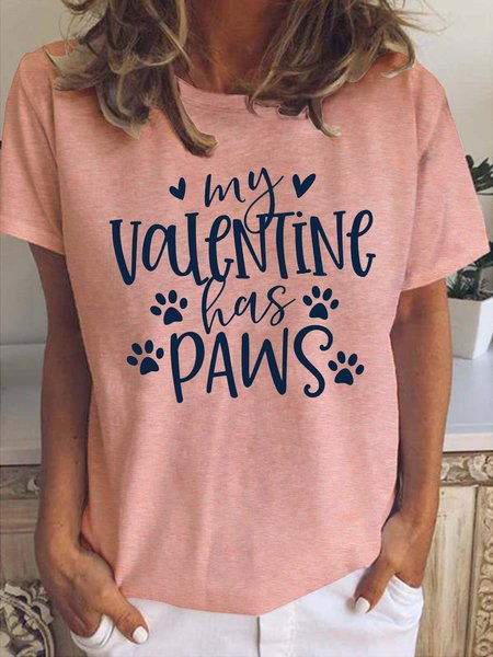 

Valentine's Day paw print round neck short-sleeved T-shirt, Pink, T-shirts