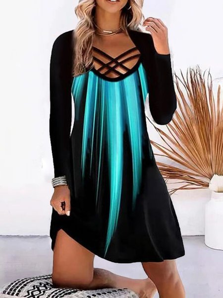 

Casual Tie Dye Printed Long Sleeve A-line Dresses, Black, Mini Dresses