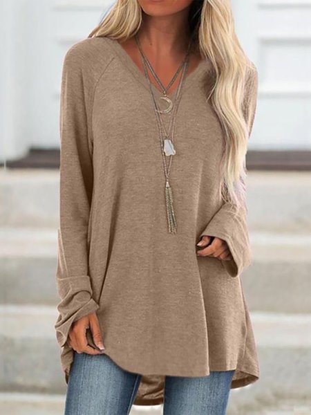 

Casual V Neck Long Sleeves Tunic Shirts & Tops, Khaki, Tops
