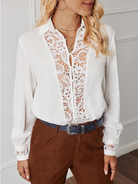 

Elegant Shirt Collar Eyelet Patchwork Top, White, Tops