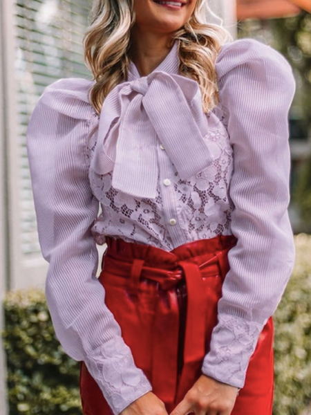 

Spring Lace Lightweight Tie Neck Long sleeve Tops, Purple, Tops