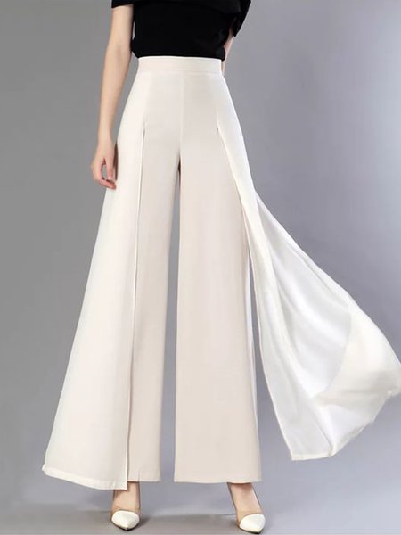 

Solid Elegant Regular Fit Pants, White, Wide Leg Pants