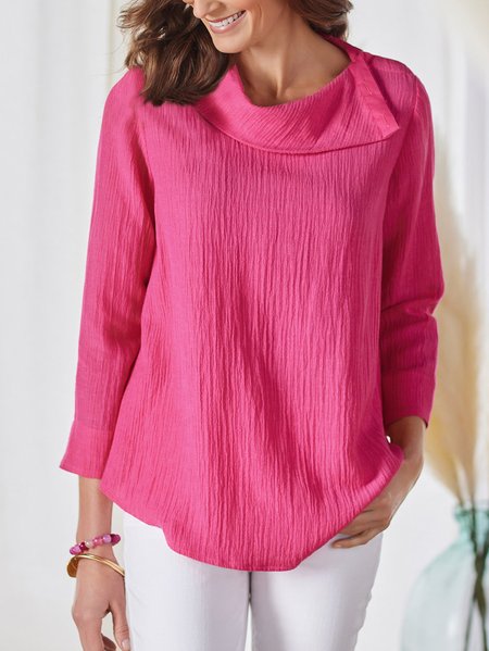 

Plain Lapel Cotton Blends Long sleeve tops, Rose red, Tunics