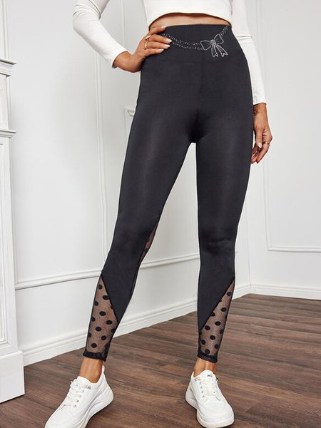 

Polka Dot Stitching Bowknot Printed Design Spring Casual Comfortable Ladies Tights, Black, Leggings