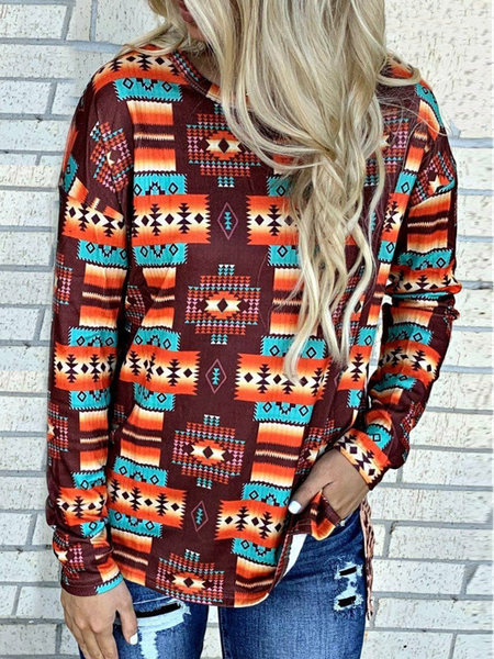 

Tribal Cotton Crew Neck Casual Shirts & Tops, Multicolors, Long sleeve tops