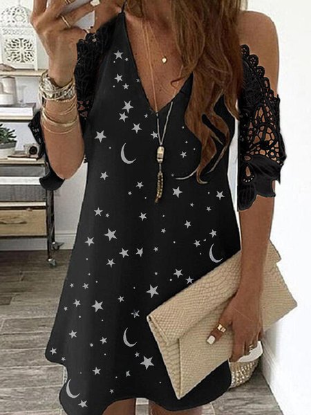

Stars and Moon Printed Lace Sleeves Design Spring Casual Comfortable Ladies Dress, Black, Mini Dresses