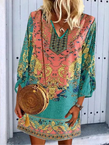 

Boho Tribal Pattern V Neck Plus Size Casual Dresses, Multicolor, Mini Dresses
