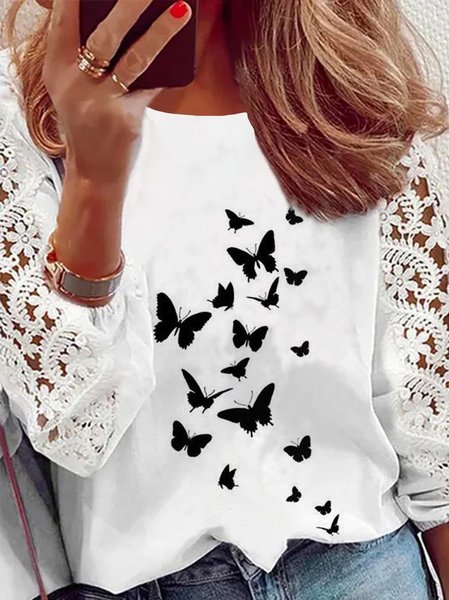 

Lace Sleeve Loosen Casual Butterfly Shirts & Tops, White, Long sleeve tops