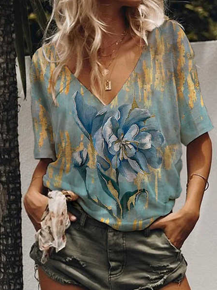 

Floral Vacation Cotton Blends Loosen Shirts & Tops, Blue, T-Shirts