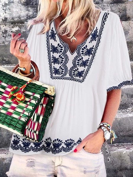 

Tribal Embroidered V Neck Short Sleeve Shirts & Tops, White, Tops