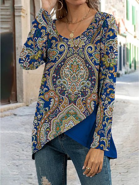 

Crew Neck Vintage Cotton Blends Shirts & Tops, Blue, Long sleeve tops