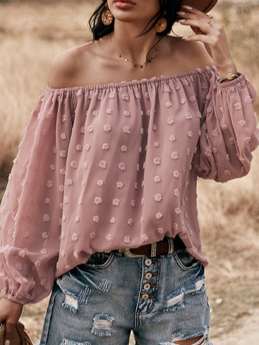 

Chiffon Solid Loosen Shirts & Tops, Pink, Long sleeve tops