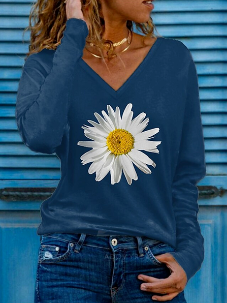 

V Neck Casual Cotton Blends Little daisy Floral Shirts & Tops, Purplish blue, Long sleeve tops