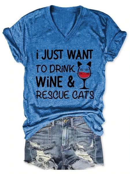 

Drink Wine & Rescue Cats V-Neck Shirts & Tops, Blue, T-shirts