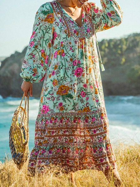 

Boho Floral V Neck Dresses, As picture, Maxi Dresses
