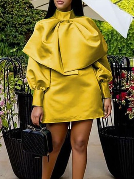 

Plain Stand Collar Elegant Mini Dress, Yellow, Mini Dresses