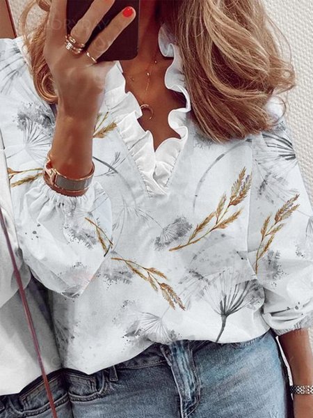 

V Neck Floral spring loosen Shirts & Tops, White, Tops