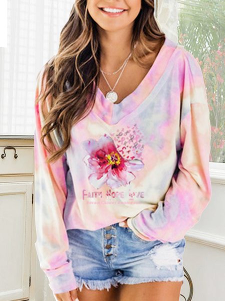 

Pink gradient round neck gradient print long-sleeved women's T-shirt, Multicolor, Long sleeve tops