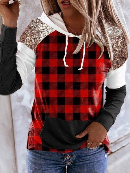 

Sparkling sequins plaid multicolor stitching design spring casual and comfortable ladies hooded top, Long sleeve tops