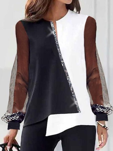 

Mesh Long Sleeve Color-block Plus Size Casual Tops, Black-white, Tops