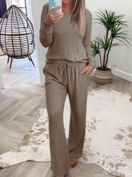 

Solid Casual Plus Size Blouse & Two-Piece Outfits Set, Khaki, Suit Set