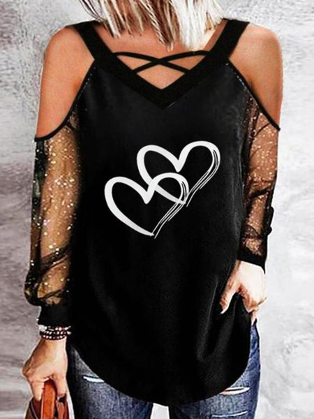 

Love Heart Pattern Mesh Long Sleeves V Neck Plus Size Casual Tops, Black, T-Shirts
