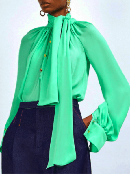 

Spring Loosen Tie Neck Plain Tie Neck Lightweight Long sleeve Tops, Green, Tops