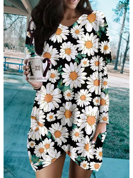 

Vacation Floral Loosen Cotton Blends Dresses, Black-white, Mini Dresses