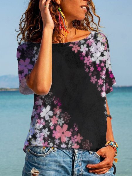 

Crew Neck Cotton Blends Loosen Floral Shirts & Tops, Black, T-Shirts