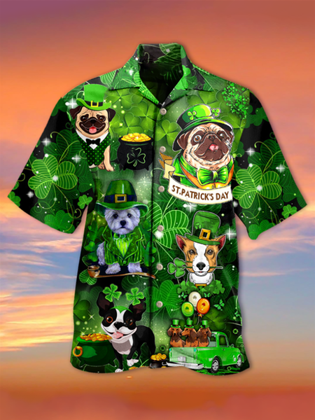 

Holiday Leisure St. Patrick's Day Element Four-Leaf Clover And Animal Print Hawaiian Style Printed Shirt Top, As picture, Men's Floral shirt