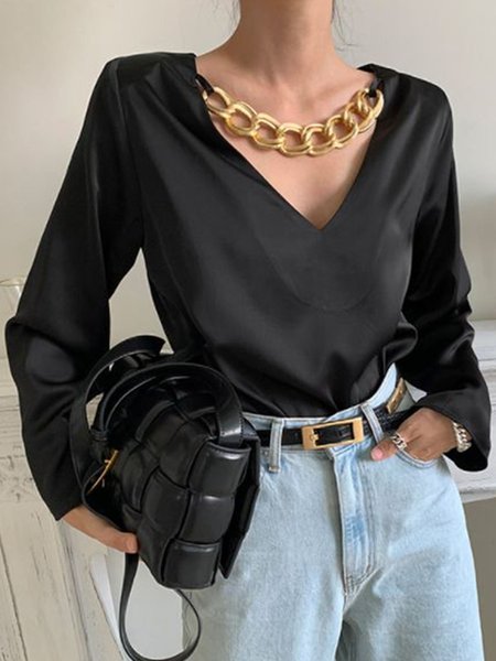 

Simple V Neck Long Sleeve Top, Black, Tops
