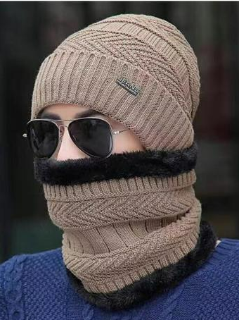 

Men's Thick Knitted Scarf Baotou Hat, Khaki, Hats