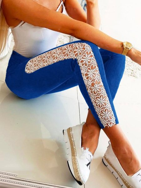 

Lace stitching casual skinny cropped trousers, Blue, Leggings