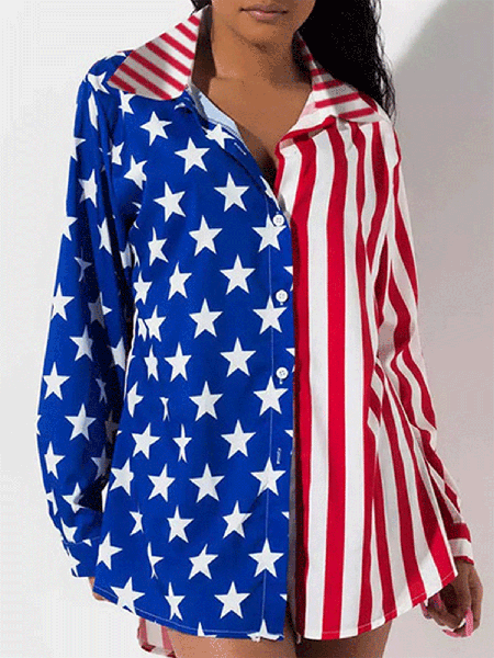 

American Independence Day Flag Print Casual Blouse, Red blue, Blouses & Shirts