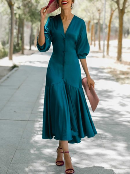

Solid Satin V Neck Slim Fit Dress, Green, Maxi Dresses