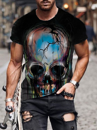 

Casual 3D digital skull print T-shirt, As picture, T-shirt