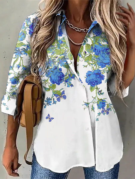 

Lapel Cotton Blends Floral Casual Vacation Long sleeve Shirts & Tops, White, Shirts & Blouses