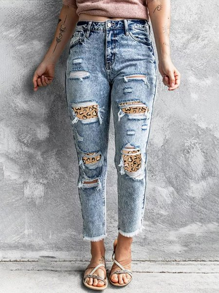 

Solid color stitching geometric love print pattern hole washing denim pocket nine point stretch jeans Plus Size, Denim blue, Jeans