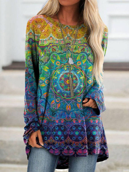 

Round Neck Retro Print Casual Long-sleeved T-shirt, Multicolor, Long sleeve tops