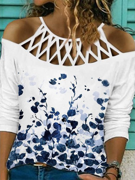

Long Sleeve Floral Hollow Out Off Shoulder Plus Size Casual Tops, White, T-Shirts