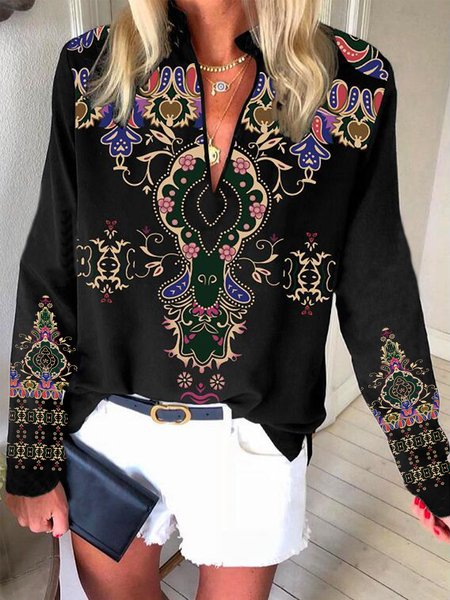 

Boho Tribal Pattern Long Sleeves V Neck Plus Size Casual Tops, Black, Tops