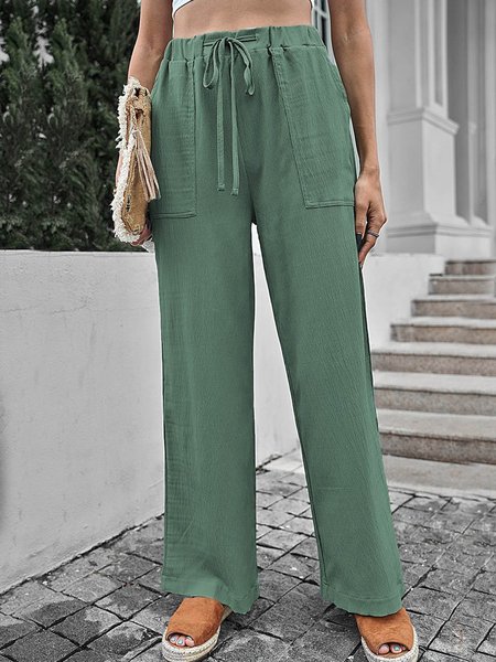 

Plain color patterned cotton linen loose straight pants pants pocket rubber waist drawstring pants Plus Size, Green, Pants