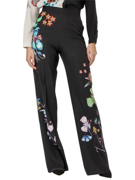 

Long Daily Regular Fit Floral Pants, Black, Wide Leg Pants